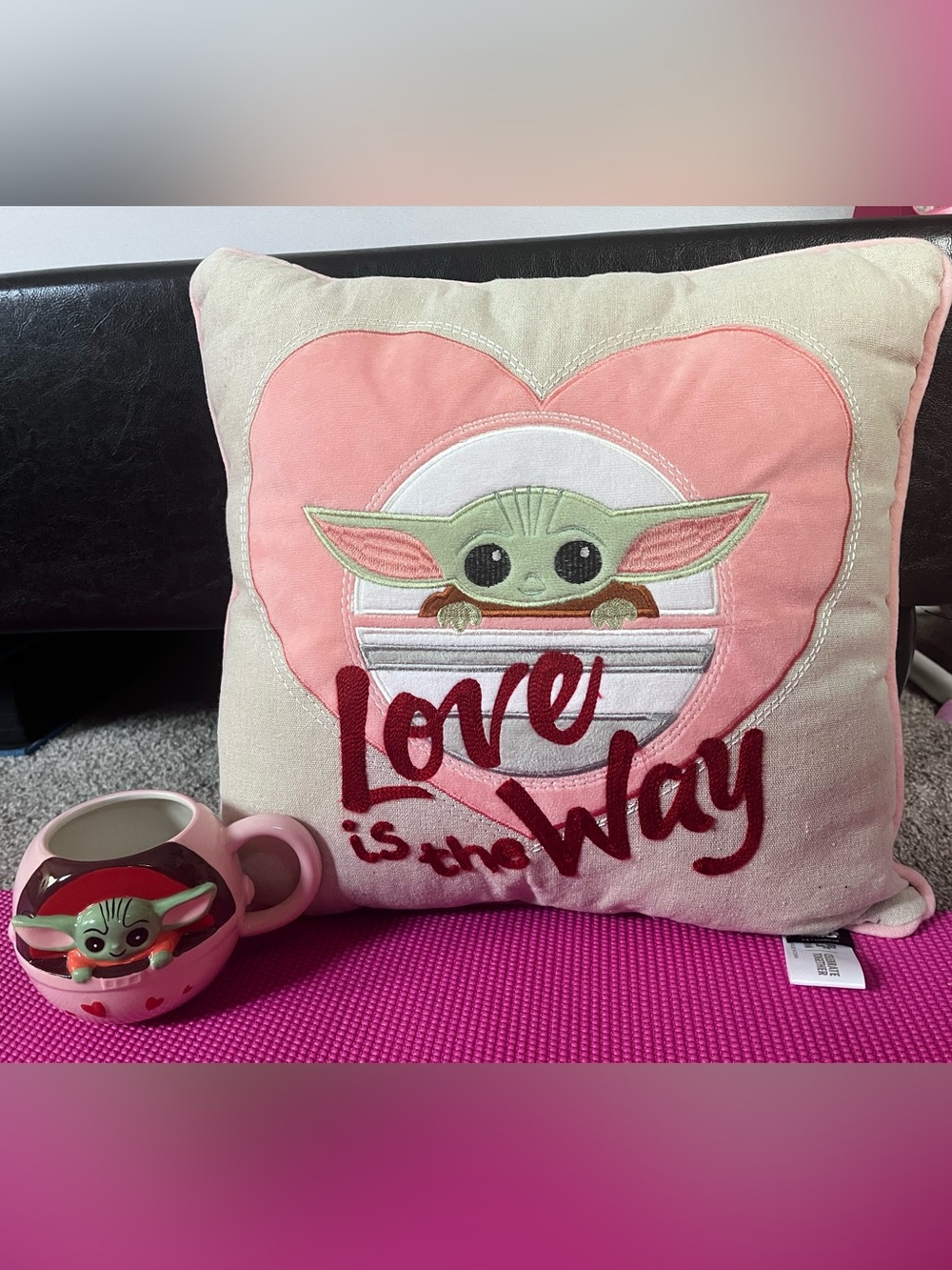 Baby Yoda 'Love Is The Way' Pink Accent Pillow and mug set